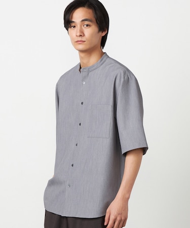 ウールライク バンドカラー5分袖シャツ