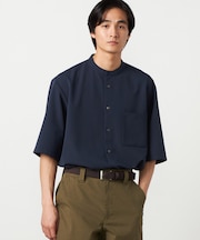 ウールライク バンドカラー5分袖シャツ