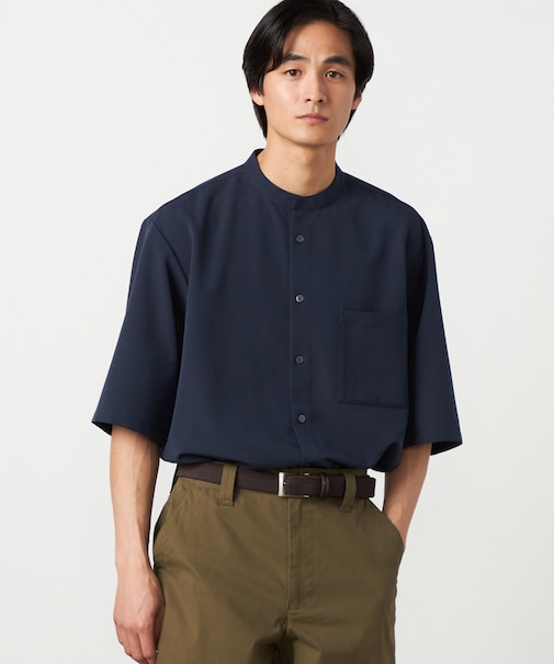 ウールライク バンドカラー5分袖シャツ