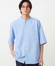 ウールライク バンドカラー5分袖シャツ