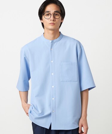 ウールライク バンドカラー5分袖シャツ