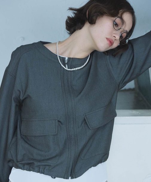 デニムライク ノーカラーブルゾン/セットアップ対応