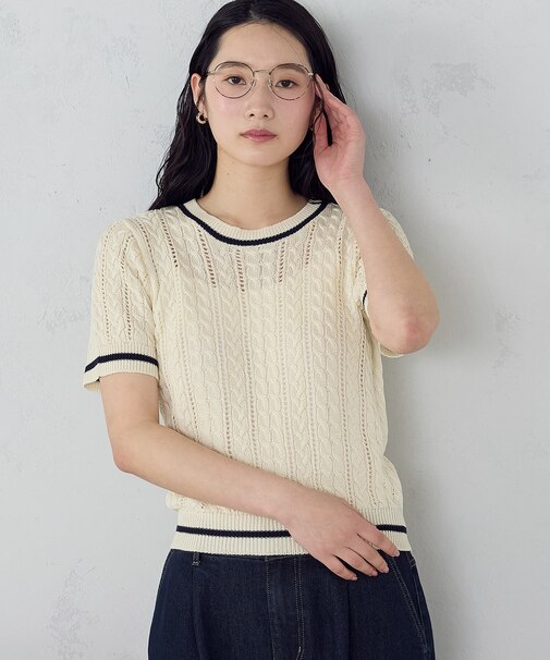 【ウォッシャブル】配色ライン クルーネックニット