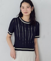 【ウォッシャブル】配色ライン クルーネックニット