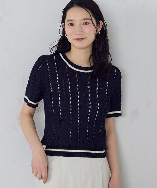 【ウォッシャブル】配色ライン クルーネックニット