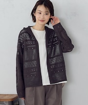 透かし編み フーディーカーディガン