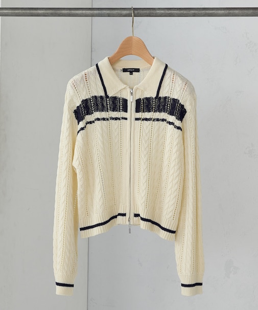 【ウォッシャブル】配色ライン 襟つきジップカーディガン