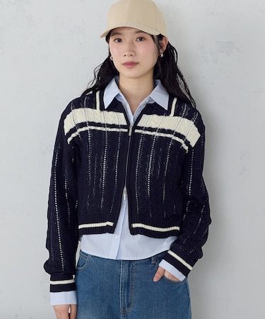 【ウォッシャブル】配色ライン 襟つきジップカーディガン