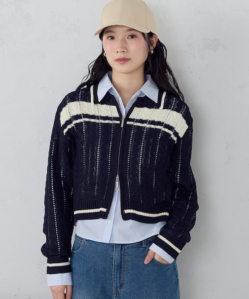 【ウォッシャブル】配色ライン 襟つきジップカーディガン