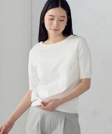 【ウォッシャブル・UVカット】ベーシック 2WAYネック5分袖ニット