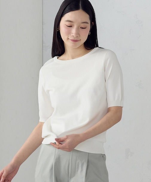 【ウォッシャブル・UVカット】ベーシック 2WAYネック5分袖ニット