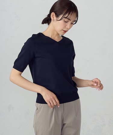 【ウォッシャブル・UVカット】ベーシック 2WAYネック5分袖ニット
