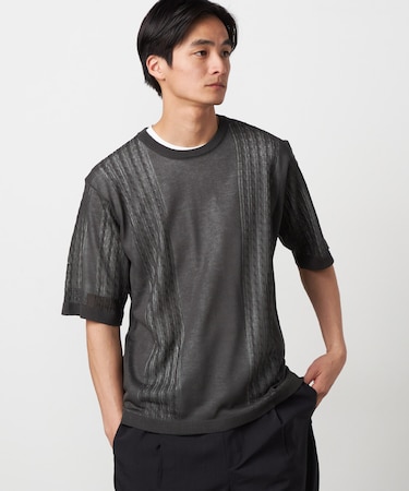 【セットアイテム】リネンライクケーブル クルーネックニット＋T/C天竺Tシャツ