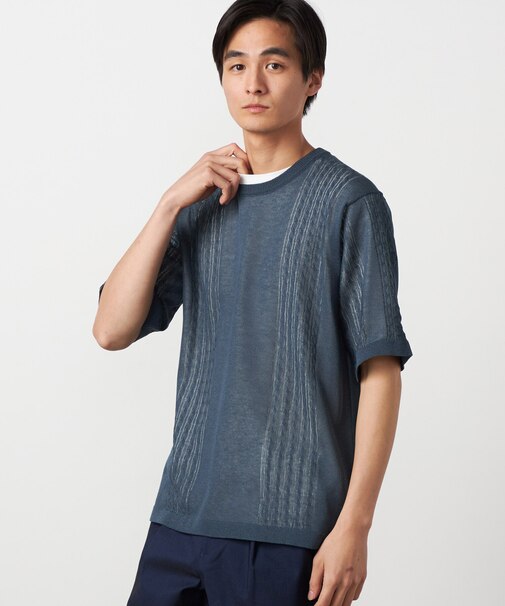 【セットアイテム】リネンライクケーブル クルーネックニット＋T/C天竺Tシャツ