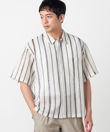 クロシェ編み風 ストライプ柄レース ショートポイントカラーシャツ