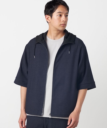 デニムライクストレッチ 5分袖フーデッドブルゾン