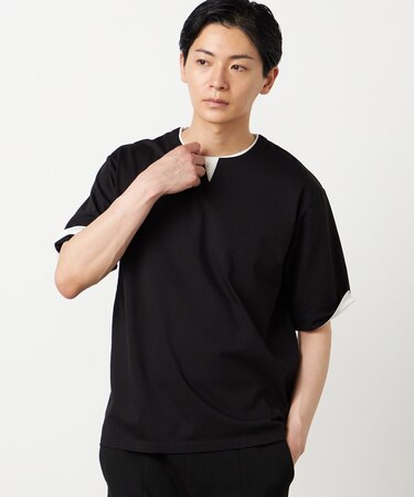 【接触冷感】USAコットン フェイクレイヤード キーネックTシャツ