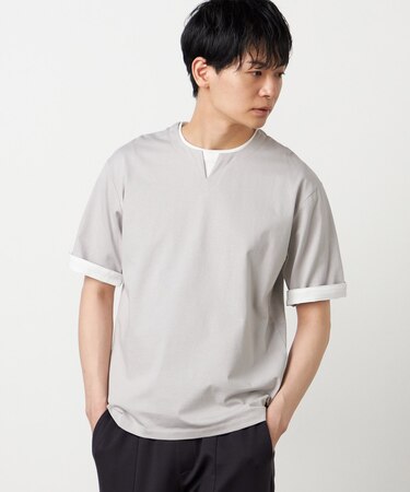 【接触冷感】USAコットン フェイクレイヤード キーネックTシャツ