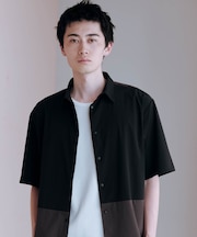 リップストップ ナイロンストレッチ 半袖ブロッキングシャツ / セットアップ対応