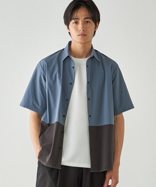 リップストップ ナイロンストレッチ 半袖ブロッキングシャツ / セットアップ対応
