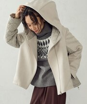 スウェード調ジャージー×キルティングタフタ フーデッドブルゾン