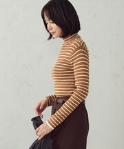 マシンウォッシャブル ボーダーハイネックニット