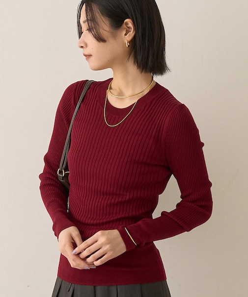 シルク混ワイドリブプルオーバーニット