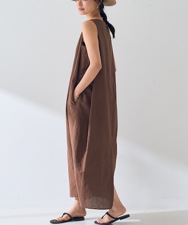 麻混ノースリーブ 後ろタックワンピース