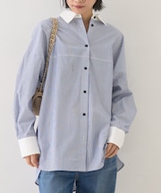 コットンストライプクレリックシャツ