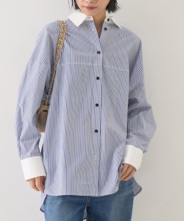 コットンストライプクレリックシャツ