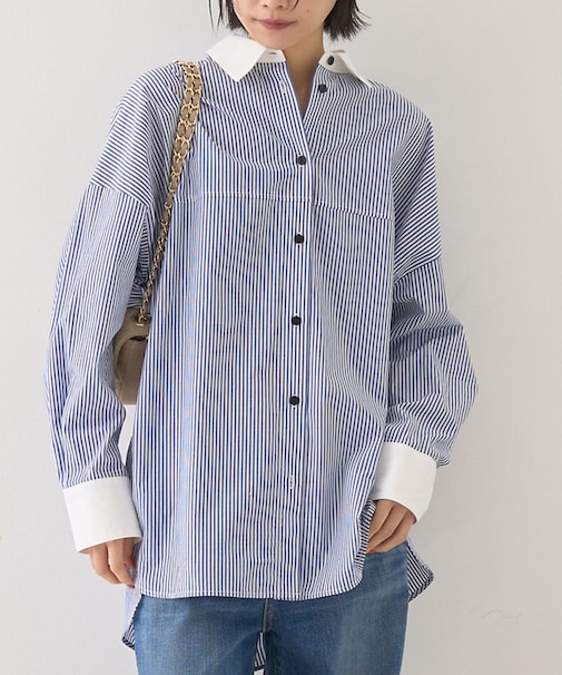 コットンストライプクレリックシャツ