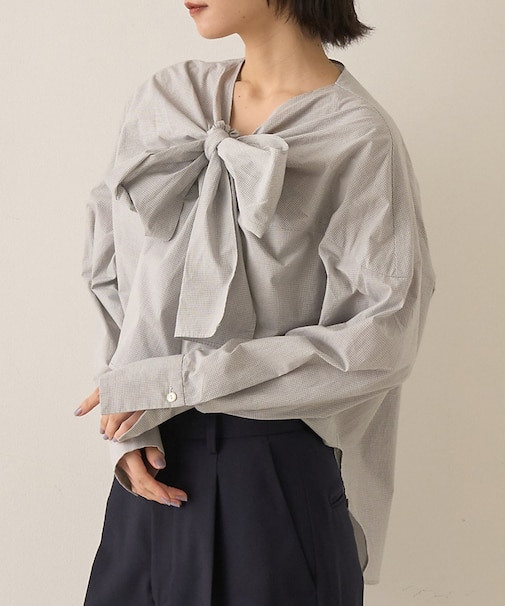 コットンチェックリボンブラウス