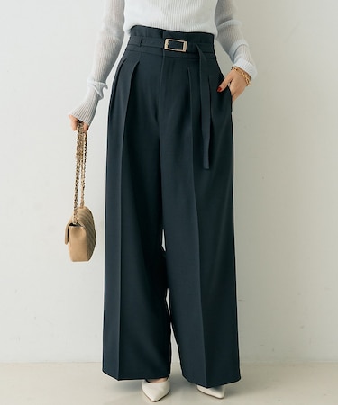 【一部店舗限定】【3サイズ展開】ベルト付きハイウエストタックパンツ