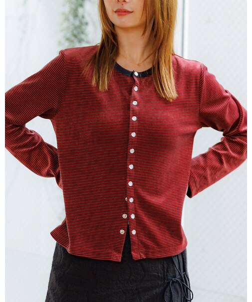 【Le Melange/ル・メランジュ】ベロアボーダーカーディガン/ベロア/カー