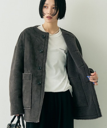 【2サイズ展開】2WAYスウェードリバーシブルボアコート / ノーカラーコート