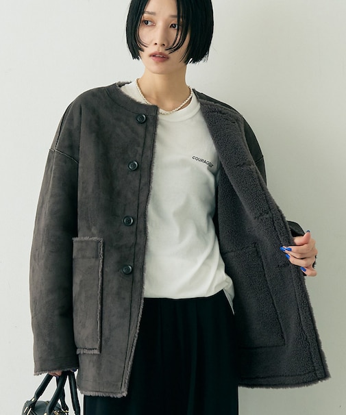 【2サイズ展開】2WAYスウェードリバーシブルボアコート / ノーカラーコート