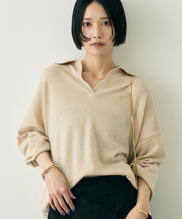 カシミヤ混ウール襟付きスキッパーニット