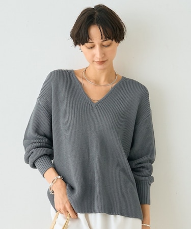 片畦ハートVネックコットンプルオーバーニット