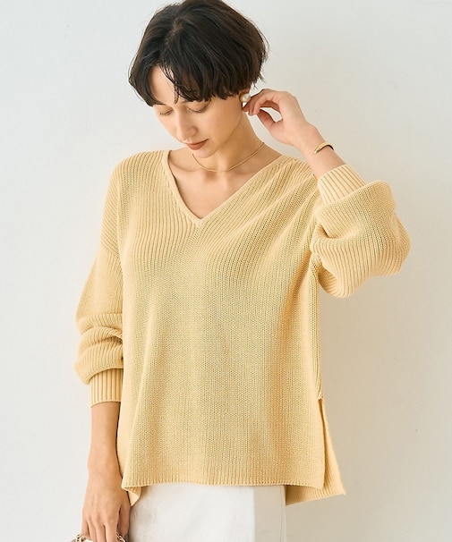 片畦ハートVネックコットンプルオーバーニット