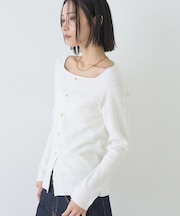 【セットアップ対応】スクエアネックボーダー柄ニットカーディガン/プルオーバー