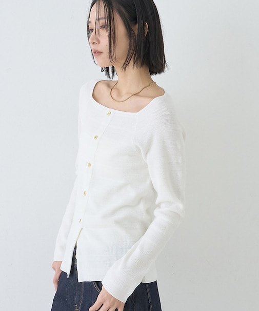 【セットアップ対応】スクエアネックボーダー柄ニットカーディガン/プルオーバー