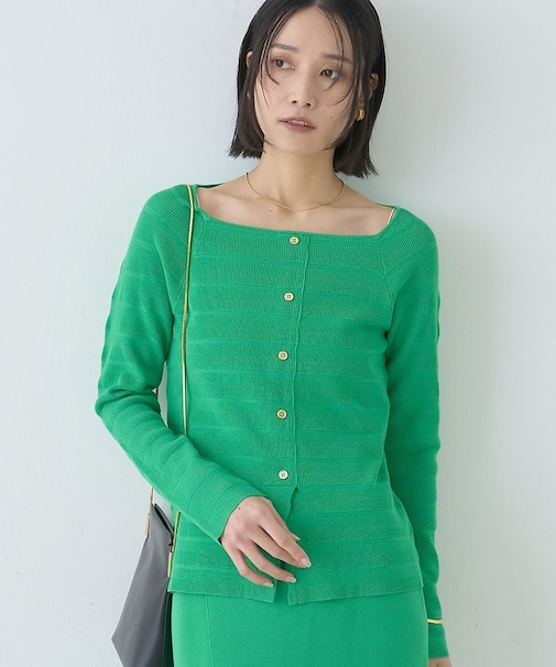 【セットアップ対応】スクエアネックボーダー柄ニットカーディガン/プルオーバー