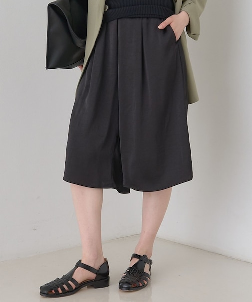 シックサテンハーフパンツ/ワイドキュロット/ウエストゴム