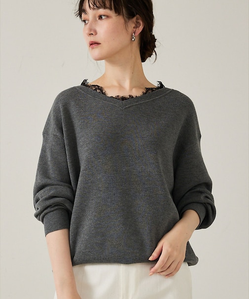 【トレンドアイテム】Vネックレース付きニット