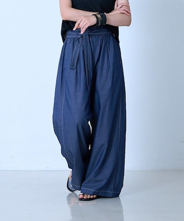 【涼やか素材】コットンリヨセルデニムワイドパンツ