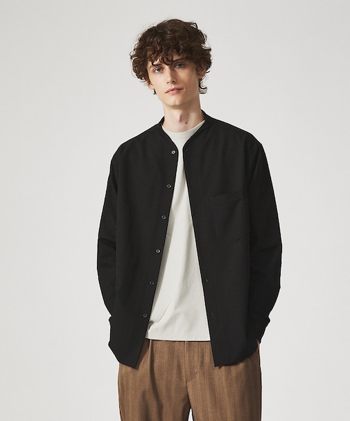 【変形襟】定番/シャンブレーツイル カラーレス シャツ / バンドカラーシャツ