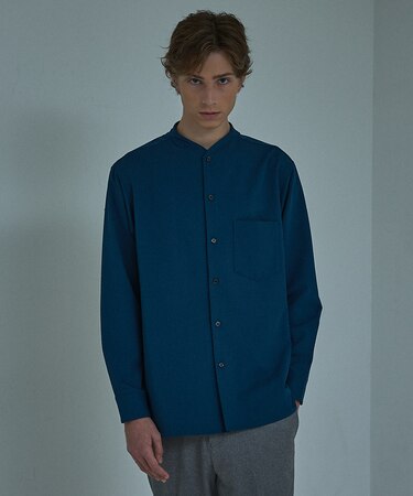 【変形襟】定番/シャンブレーツイル カラーレス シャツ / バンドカラーシャツ