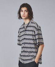 【Revo.】透かし編みニットオープンカラーヘリンボーン半端袖シャツ