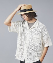 【Revo.】透かし編みニットオープンカラー半端袖シャツ