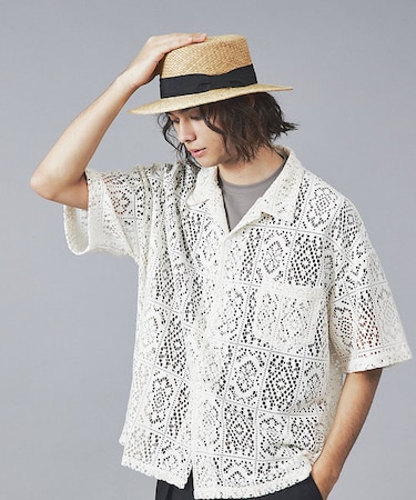 【Revo.】透かし編みニットオープンカラー半端袖シャツ